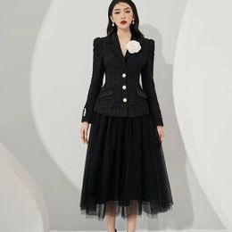 Femme automne hiver petit parfum Tweed Balzers veste gaze jupe costume rétro noir taille Blazer surjupe deux pièces ensembles 240202