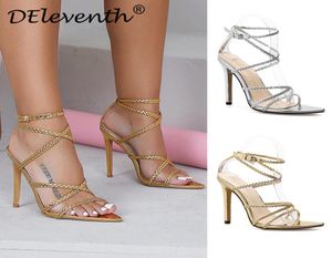 Domans goud hoge hakken schoenen Europees en americanstyle crosswoven riem pointy sandalen zilver groot formaat schoenen1131502