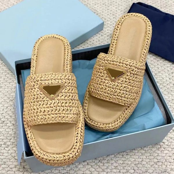 Mujer Hombre Verano Zapatilla Sandalia Triángulo Tejido de paja Plataforma Rafias Zapatillas Rayas Casual Deslizadores planos Chanclas para mujer Bordado Mulas dobles Zapato de playa