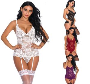 Lingerie de nuit pour femmes avec bretelles en dentelle et maille Lingerie sexy florale transparente à lacets dans le dos Body Teddy rouge blanc mariée Gar4997724