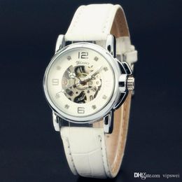 Montre mécanique automatique pour femmes, gagnante, montres de marque, cadran noir blanc, bracelet en cuir creux pour dames, sport, poignet