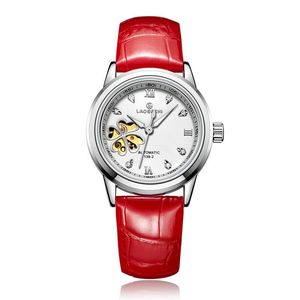 Women's Automatic Mechanical Casual Watch Brand Horloges Wit Rode Dial Hollow Dames Roestvrijstalen Strap Sport Vrouwelijk Clover Wristwa