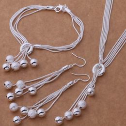 Mode femme 925 argent plaqué perles boucles d'oreilles goutte chaîne collier Bracelet ensemble de bijoux bijoux cadeau pour l'amour famille