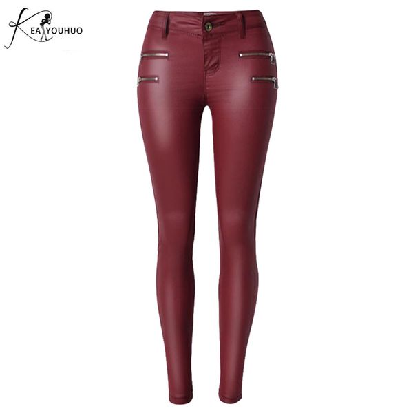 Pantalon simili cuir Femme taille haute trois Buons élasticité mince mode rouge Lederhosen pour Femme Pantalon Femme jean moulant