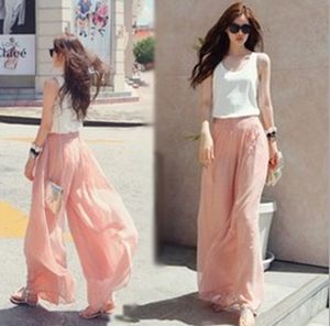 Dames lange wijde beenbroek massief chiffon rok broek mode skorts culottes harembroek losse hoge elastische taille broek