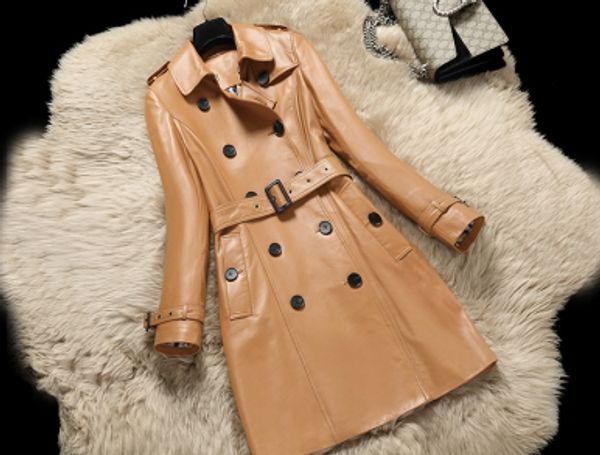 Nouveau luxe en cuir de mouton véritable pour femmes col rabattu à manches longues ceintures double boutonnage moyen long trench-coat abrigos M-3XL