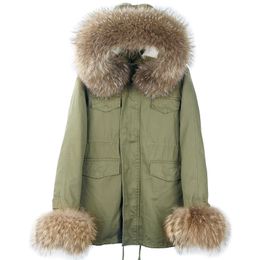 Hiver chaud pour femmes véritable col en fourrure de raton laveur à capuche armée vert manchette en fourrure de raton laveur coton-rembourré plus velours épaississement parka manteau XXL