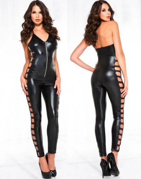 Pyjama Sexy femmes Wetlook Spandex PVC Catsuit combinaison body combishort Costume Clubwear # T78