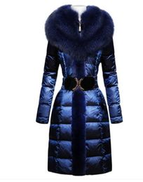 Dames Winter Natural Fox Fur Hooded Collar Patchwork Konijnenbont Witte eendendons Gewaagd Medium Lange Parka met Belt Coat Plus Size 4XL