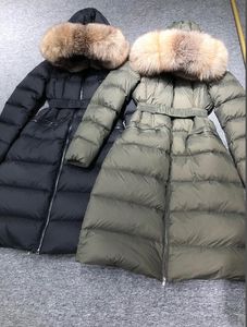 Abrigo con capucha de piel de mapache 100% grande para mujer, largo X, grueso, cálido, doble cremallera, cordón con cinturón, chaqueta delgada, Parkas impermeables, color negro y verde