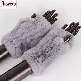 Mitaines en fourrure de lapin Rex tricotées pour femmes, 100% véritable, gants chauds d'hiver sans doigts, mitaines tricotées à la main, 2110263062