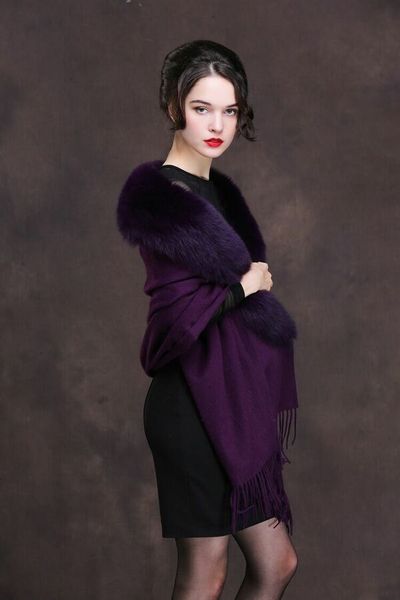 Femmes 100 laine Cape châles Pashmina véritable col de fourrure de renard entier Poncho étole violet