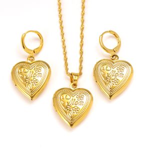 Vrouwen 14K Solid Fine Gold Filled Necklace Earring Virgin Mary Open Bloem Hart Hanger Mam Faith Sieraden Sets