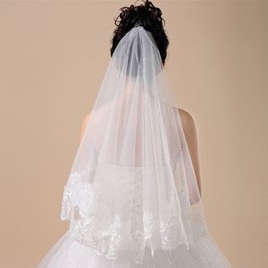 Voile de mariée court pour femmes, 150cm, blanc, une couche, dentelle, bord fleuri, Appliques, 2022