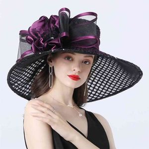 Femmes 16cm large bord fleur maille chapeau de soleil dame arc été plage église Derby robe fascinateur fête de mariée mariage 210608317S