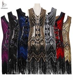 Femmes 1920 S vintage Great Gatsby Robe Sequins Robe Vneck Tassels bodycon perle Party Robe Flapper Robes Art Deco Double Y12066535