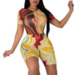 Vrouwen 2 Stks Set O-hals Korte Mouw Body Tie Dye Print Wrapped Hoge Taille Shorts Broek Thuis Outdoor Sport Kleding Dames Jumpsuits ROMPE