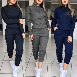 Vrouwen 2 stks Tracksuit Sports Lange Mouwen Sweatshirts Dunne Fleece Joggers Past Running Set Workout Gym Lente Sportswear LJ201126