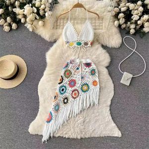 Vrouwen 2-delige outfit set Boho Hollow-Out Crochet Knit Halter BriS Top en asymmetrische Tassel Mini Rok Beach Cover Up 240416