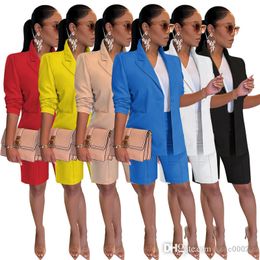 Vrouwen 2 -delige broek Outfits Lente en zomerkleding Business Office Pakken Solid Color Long Sleeve Jacket Shorts Blazer Set