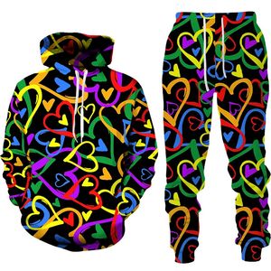 Femmes 2 pièces ensembles printemps automne amour Graffiti 3D imprimé à capuche pull Long pantalon surdimensionné sweats à capuche femme vêtements 240116