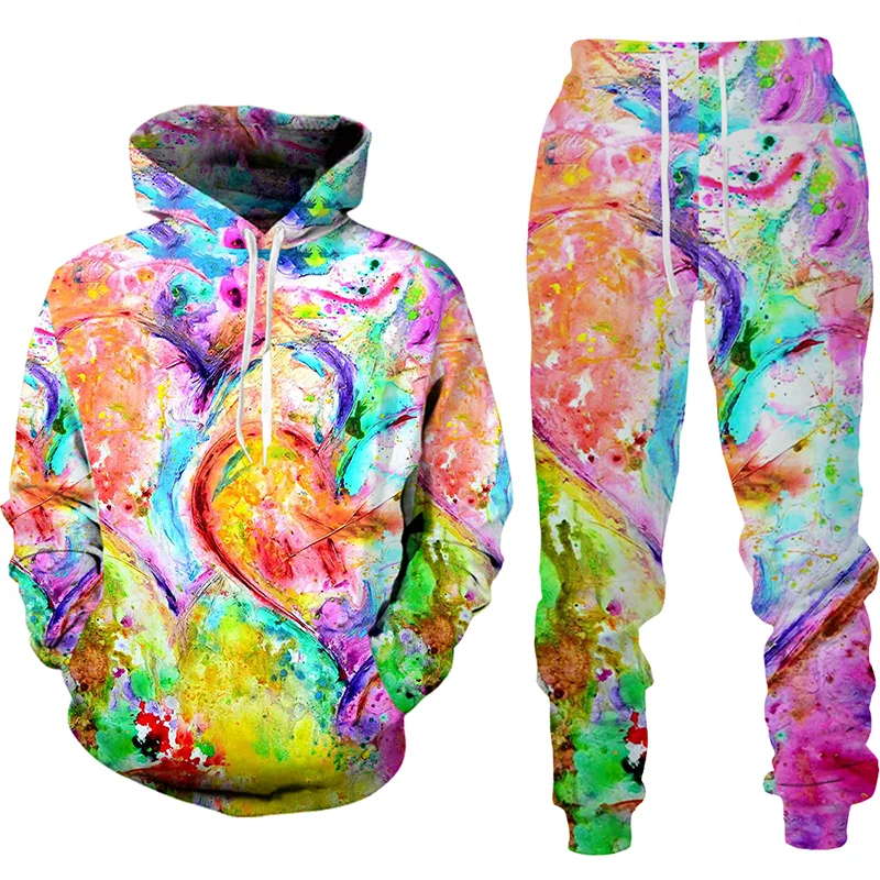 Women 2 Piece Sets Spring Autumn New Love Graffiti 3D Printed Hooded Pullover+Long Pants Oversized Hoodies Female Clothing