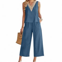 Femmes 2 pièces Couleur unie Coupe ample Combinaisons Tenues manches en lin Butt Back Crop Top et pantalon à jambes larges avec poches F9bR #