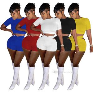 Vrouwen 2 Tweedelige Broek Set Summer Designer Street Sport Kleding T-shirt Holle Mini Shorts Solid Color Elastische Plus Size Dameskleding