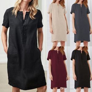 Robe mi-longue plissée pour femmes, Chic, mode, boutons, Vintage, col à revers, manches courtes lanterne, robes féminines, grande taille, 2020