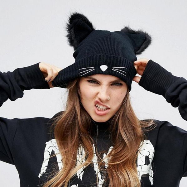 Gorro tejido de lana Harajuku para mujer, gorro tejido con cuernos de diablo, Oreja de Gato negra, gorro de punto trenzado de ganchillo, sombrero bonito para niña