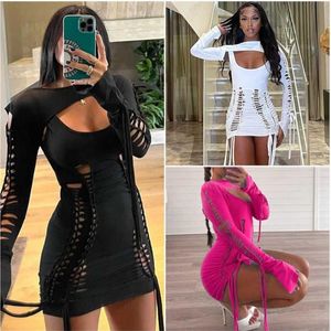 Femmes 2023 Robes de créateurs Nouvelle mode Sexy Dos ouvert Robe creuse à manches longues Cape Set307x