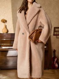 Vrouwen 2023 Winter langer faux vacht warme jas vintage lange mouw vrouwelijke dikke teddybeer jas casual losse oversize roze uitklapen