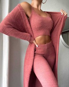 Survêtements pour femmes 3 pièces tenues ensemble hiver Sexy polaire floue Long Cardigan encolure dégagée Crop débardeur taille haute pantalon ensemble de vêtements de détente Y0625