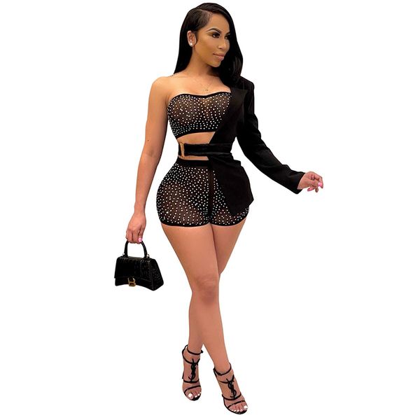 Femmes 3 pièces pantalons Sexy tenues irrégulière à manches longues veste voir à travers strass bustier tubulaire ensembles courts combinaison Clubwear