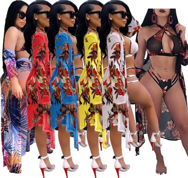 Femmes 3 pièces costume 2020 mode imprimé fleuri culture hauts Shorts Long Cardigan dames été Sexy Boho Style plage tenues ensemble7361367