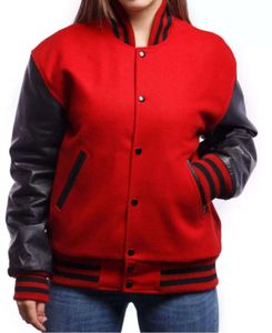 Veste Varsity Femme Baseball Letterman Bomber School Collage Laine Rouge et Manches en Cuir Noir Véritable