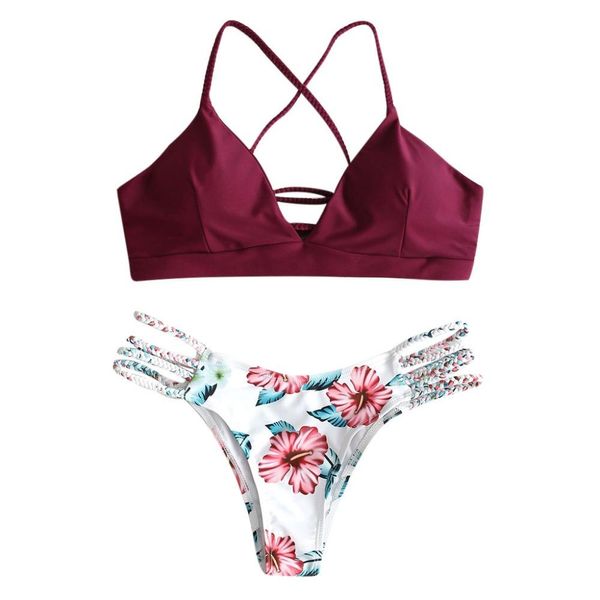 Femmes vin Floral Bikini coupe fleur bandage deux pièces maillot de bain creux pompes maillots de bain mode étoile maillots de bain brésilien # YL5