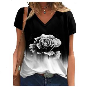 Femmes 3D Flower Imprimement T-shirt Summer Souchée V V Verre Loose Tops surdimensionnés Casual Vintage Female Tee S-5XL