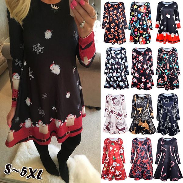 Mujeres 4XL 5XL Vestido grande Casual Impreso Dibujos animados Navidad Otoño Invierno Manga larga A -line Ropa de talla grande