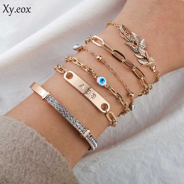 Femmes 6 pièces/ensemble strass incrusté ouvert bracelet feuille mauvais œil bracelets porte-bonheur G1026