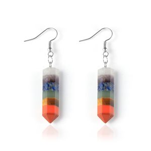 Mujeres 7 Chakras Encantos de piedra natural Bala hexagonal Pendiente colgante Piedras preciosas de colores Colgantes Reiki Yoga Pendientes curativos Joyería