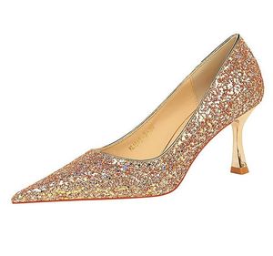 Tacones de 7 Cm para mujer, zapatos de tela con lentejuelas brillantes, zapatos de tacón de Metal para mujer, zapatos de boda a la moda, zapatos de fiesta de lujo