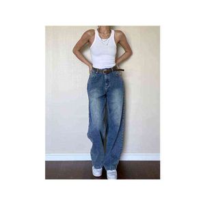 Vrouwen 90s gewassen jeans blauwe hoge taille rechte brede pijpen denim broek basic street harajuku vriendje moeder L220726