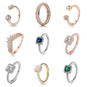 Vrouwen 925 Sterling Zilveren Ringen Blauw Cloear Square Crystal Rose Gold Finger Ring Crown voor Bruiloft Sieraden