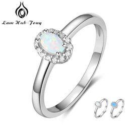 Femmes 925 Anneaux en argent sterling Créé anneau d'opale de feu blanc rose bleu ovale avec cadeau romantique zircon 6 7 8 Taille (Lam Hub Fong)