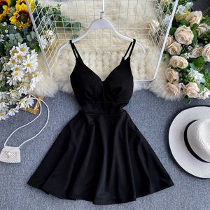 Women A-line Sexy Dress V-Neck Spaghetti Strap Backless Mini Dresses Soild Color Vestidos Slim Trend 2020 High Waist For Party Y0706