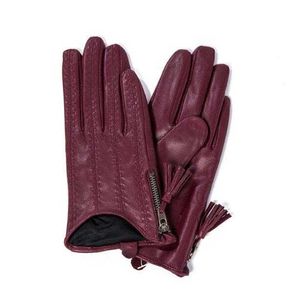 Women'a Natural Sheepskin Leather Tassel Rits Driving Glove Lady's Mode Lederen Motorfiets Handschoen R3372 H1022