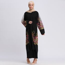 Dames Abaya Dress Cardigan Lange Moslim Jurk Borduurwerk Bloem Mesh Elegante Club Party Islamic Caftan Marocain