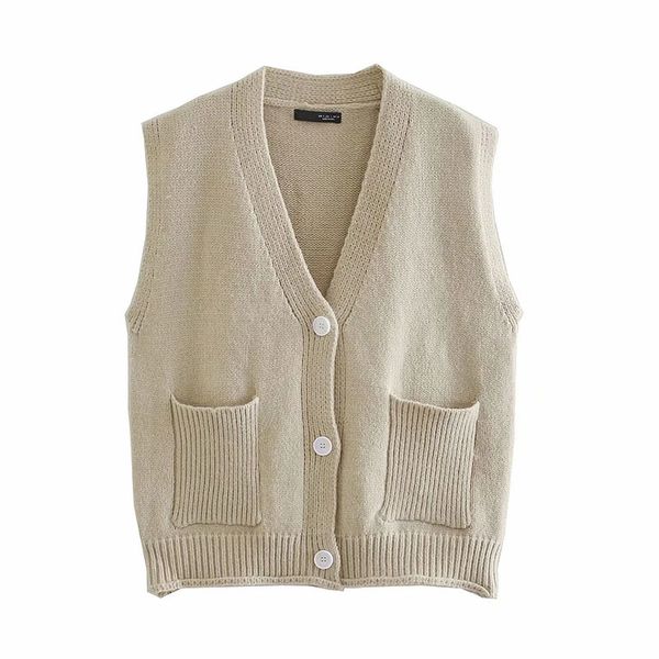 Mujeres estilo académico simplicidad suéter sin mangas femenino color sólido con cuello en v bolsillo decorar cardigan chic top 210520