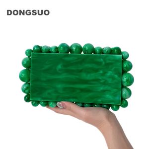 Mujeres Caja de acrílico Bolsos de embrague de noche para el banquete de boda Lujo Oro Verde Hoja Cuentas Monederos y bolsos Diseñador de alta calidad 231220